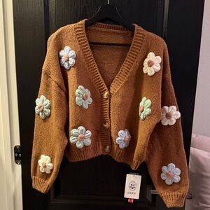 Cider Brown V-Neck Cardigan with Pastel Flower Appliqués